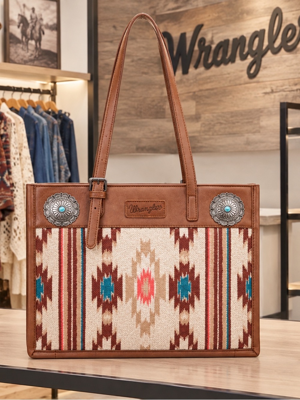Wrangler Brown Tote with Turquoise & Coral Aztec Accents